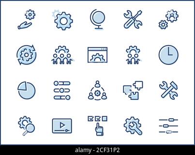 Set of Settings and Setup Vector Line Icons. Contains such Icons as Gear, Setting, Control, Iinstall, Options, Service, and more. Editable Stroke Stock Vector