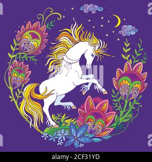 Vector beautiful standing unicorn with flowers in circle composition. Colorful ornamental illustration isolated on purple background. For T Shirt, sti Stock Vector