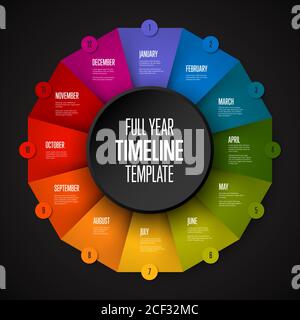 Full year timeline template with all months on circle folded rainbow papers - dark color version Stock Vector