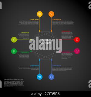 Vector multipurpose Infographic template with eight colorful droplet pins with icons and description texts - dark version Stock Vector