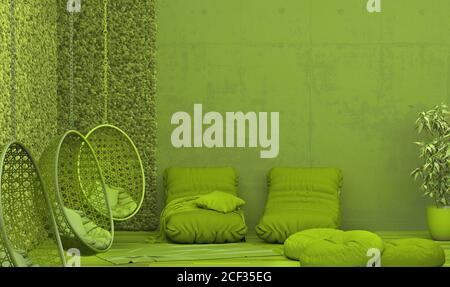 Recreation area interior of a public building in monochrome green color. Loft-style room design with swings, puffs, pillows and upholstered furniture. Stock Photo