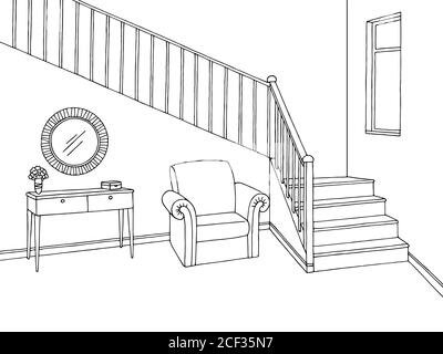 Hallway graphic stairs black white interior sketch illustration vector Stock Vector