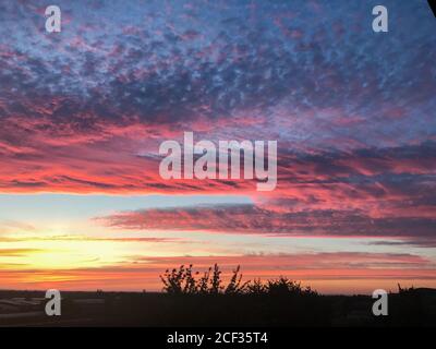 Colorful vibrant sunset with magenta clouds at dusk and a fiery orange glow from the setting sun over silhouetted trees Stock Photo