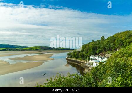 Lighthouse and hotel Portmeirion Italianate village, Gwynedd, North Wales UK. August 2020 Stock Photo