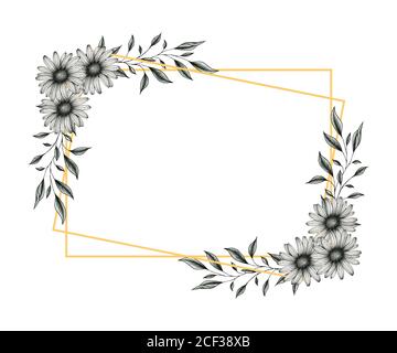 golden frame with daisy flowers and leaves, graphic floral illustration with black and white inked daisies and leaf branches for weddings or greetings Stock Photo