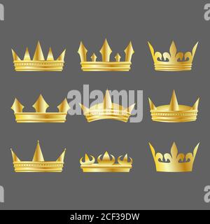 Vector illustration set of variety gold crowns on dark grey background Stock Vector