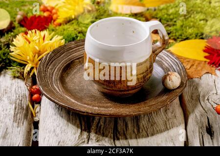 Autumn tablesetting with moss and leaves Stock Photo