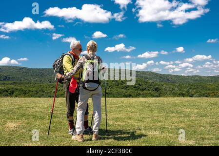 Shallow focus shot of an aged couple using an electrical compass in a big field Stock Photo