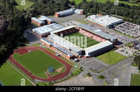 aerial view of the Brick Community Stadium (formerly the DW Stadium) in Wigan, Lancashire Stock Photo