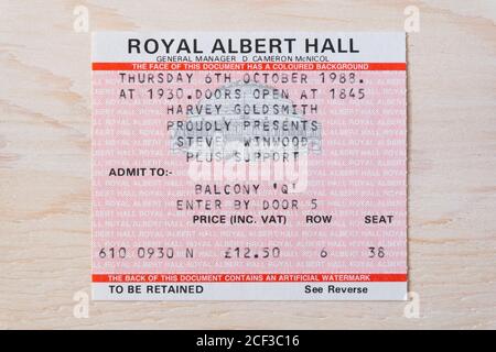 A concert ticket stub for Steve Winwood seat 38 at Balcony Q, Thursday 6th October1988 at the Royal Albert Hall in London, UK Stock Photo