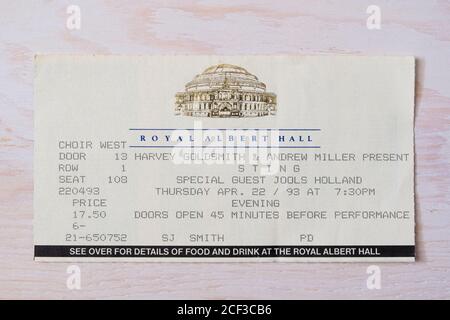 A concert ticket stub for Sting plus special guest Jools Holland on Thrusday 22nd April 1993 at the  Royal Albert Hall in London, UK Stock Photo