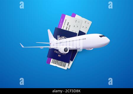 3d illustration of passports, boarding passes and airplane. Travel concept. Booking service or travel agency sign. Air transportation. Flight Stock Photo