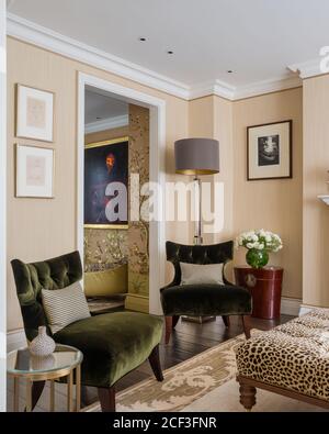 Matching velvet chairs in living room Stock Photo