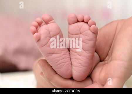 Feet of a newborn baby close-up, the father holds the baby's small feet with his hand and shows them Stock Photo