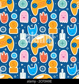 Video game characters. Man player with joystick. Emoji with different faces.  Flying coins. Computer game, stream, blog, vlog.  Flat hand drawn vector Stock Vector