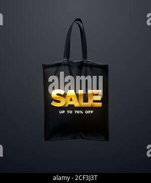 Black tote bag with golden SALE sign. Vector 3d illustration. Reusable textile handbag mockup design. Realistic canvas shopping bag. Design element fo Stock Vector