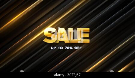 Sale banner design. Vector 3d illustration of promotional ads poster. Abstract background. Golden SALE sign on layered black and gold background. Disc Stock Vector