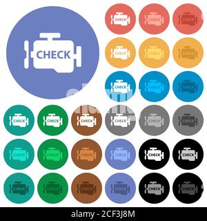 Check engine multi colored flat icons on round backgrounds. Included white, light and dark icon variations for hover and active status effects, and bo Stock Vector