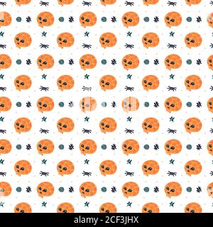 Happy Halloween seamless pattern, background. Skull with spider. Packaging paper design. Stock Vector
