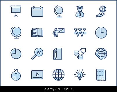 Wikipedia's birthday Set Line Vector Icon. Contains such Icons as Wikipedia, Open Book, Teacher, Blackboard, Pointer, Web Globe, Directory, Search, La Stock Vector