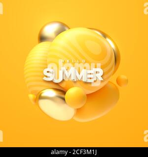 Hello Summer. Abstract background. Dynamic 3d spheres. Flowing yellow and golden bubbles with paper sign. Particles cluster. Vector illustration Stock Vector