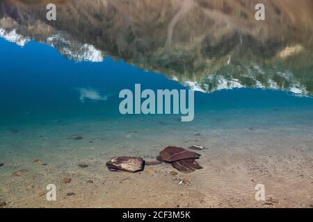 Underwater brown rocks with white stripes at Chandtatal - a high altitude lake. On a clear day with blue sky, the water of the lake exhibits various s Stock Photo