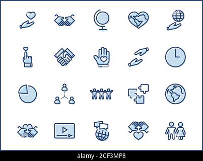 International Day of Human Solidarity Line Vector Icons Set. Contains such Icons as Handshake, Heart, planet Earth, helping Hand, People and more. Edi Stock Vector