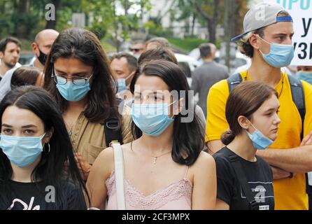 Protesters wearing face masks, standing on during the demonstration.The All-Ukrainian Trade Union of Music Industry Workers held a rally called 'They don't hear us!' at the Cabinet of Ministers to protest the government's decisions to partially ban concerts as a preventive measure against the spread of the COVID-19 coronavirus. Stock Photo