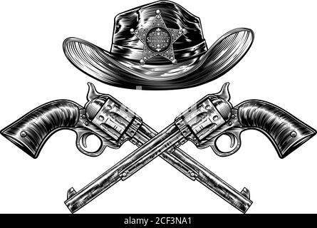 Crossed Pistols and Sheriff Star Cowboy Hat Stock Vector