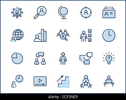 Set of Head Hunting Related Vector Line Icons. Contains such Icons as Career growth, Bulb, Candidate, Search, CV, Card Index, Outsource and more. Edit Stock Vector
