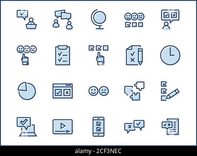 Set of Survey Related Vector Line Icons. Contains such Icons as Smile, Sad, Review, Click, Check, Customer Opinion, Web Survey and more. Editable Stro Stock Vector