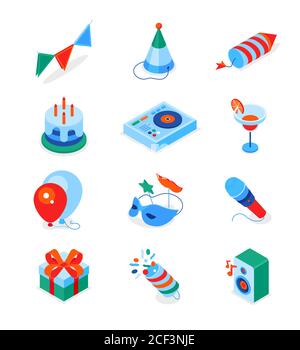 Birthday party - modern colorful isometric icons set Stock Vector