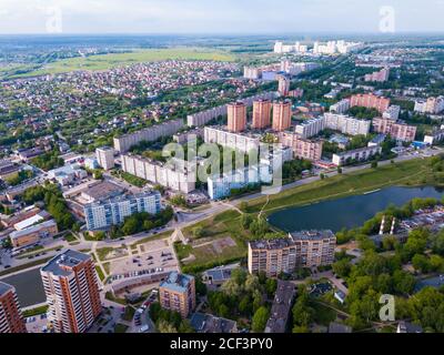 Aerial view of modern residential areas of Chekhov city in sunny spring day, Russia Stock Photo