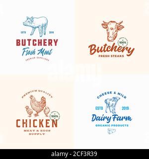 Farm Meat, Poultry and Dairy Logos Set. Abstract Vector Signs or Symbols Templates. Hand Drawn Domestic Animals and Birds with Retro Typography Stock Vector