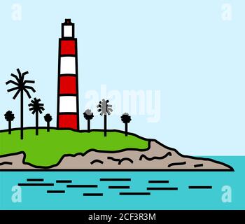 Kerala Light house and Sea view color vector sketch Stock Vector