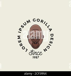 Line Style Gorilla Ape or Monkey Face with Retro Typography. Abstract Vector Sign, Symbol or Logo Template. Cartoon Silhouette. Stock Vector