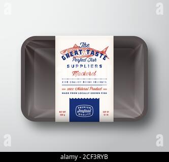 Great Taste Fish Suppliers Abstract Vector Rustic Packaging Design Label on Plastic Tray with Cellophane Cover. Retro Typography and Hand Drawn Stock Vector