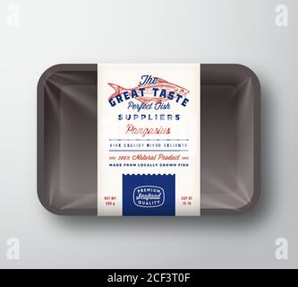 Great Taste Fish Suppliers Abstract Vector Rustic Packaging Design Label on Plastic Tray with Cellophane Cover. Retro Typography and Hand Drawn Stock Vector