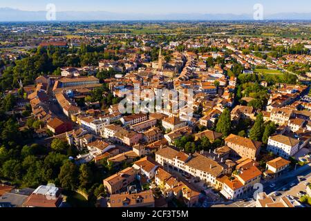 Scenic cityscape from drone of Italian town of Portogruaro in sunny day, Veneto, Italy Stock Photo