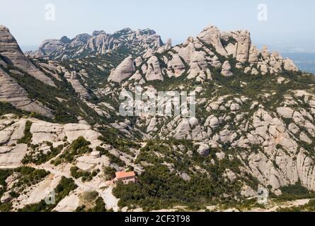 View from drone on Montserrat - multi-peaked rocky range near Barcelona, Spain Stock Photo