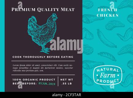 Premium Quality Meat Abstract Vector Poultry Packaging Design or Label. Modern Typography and Hand Drawn Chicken Sketch Background Layout. Seamless Stock Vector