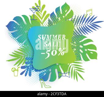 Monstera Palm Tropical Leaves Summer Sale Card or Banner TEmplate. Abstract Green Foliage with Gradient and Classic Typography. Vibrant Colors and Stock Vector
