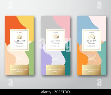 Hazelnut, Cashew and Almond Chocolate Labels Set. Abstract Vector Packaging Design Layout with Soft Realistic Shadows. Modern Typography, Hand Drawn Stock Vector