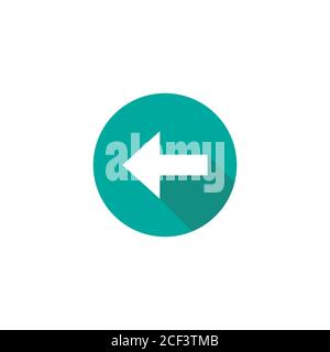 White left squared arrow with shadow in turquoise blue circle. flat icon. Isolated on white. Continue icon. Back sign. West arrow. Stock Vector