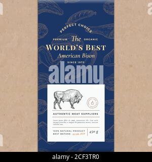 Worlds Best Bisonf Abstract Vector Craft Paper Vintage Cover Layout. Premium Meat Packaging Design Label. Hand Drawn Buffalo Bull, Steak, Sausage Stock Vector