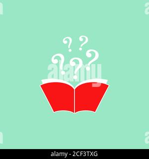 Open book with red book cover and question marks. Isolated on turquoise background. Flat vector reading icon. Unknown book pictogram. Ask symbol. Curi Stock Vector
