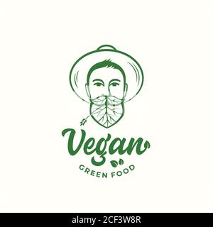 Vegan Green Food Abstract Vector Sign, Symbol or Logo Template. Young Man in Gardener Hat. Face with Leaves Incorporated in Beard and Moustache Stock Vector