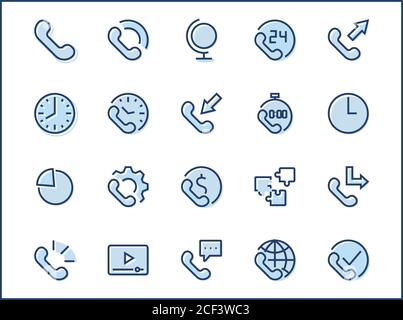 Set of Phone vector line icons. It contains the symbols of incoming, outgoing, missed calls, global call and round the clock online support and much m Stock Vector