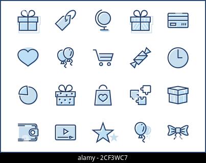 Set of Gifts, vector line icons. Contains symbols gift cards, ribbons and more. Editable Stroke. 32x32 pixel. Stock Vector