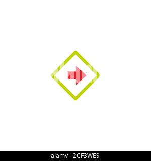 red right arrow with shadow in green square rhomb icon. Isolated on white. Continue, enter, log in icon. Next sign. East arrow. Stock Vector
